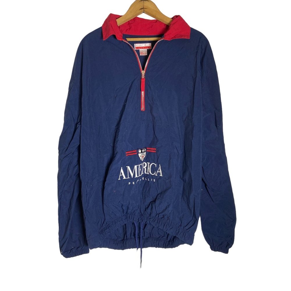 Vintage Perry Ellis Navy America Pull Over Half Zip Windbreaker Jacket MEDIUM
